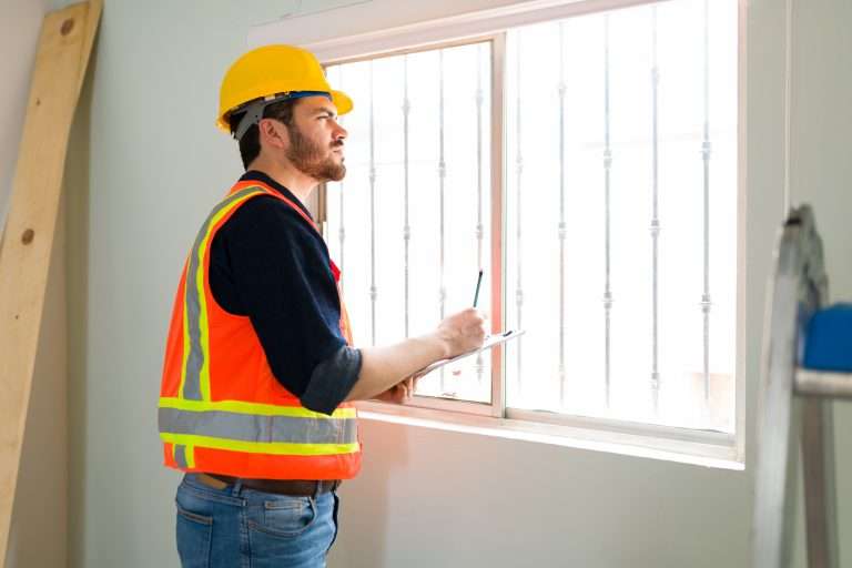 Construction expert in safety gear inspecting window installation, emphasizing home improvement and energy efficiency.