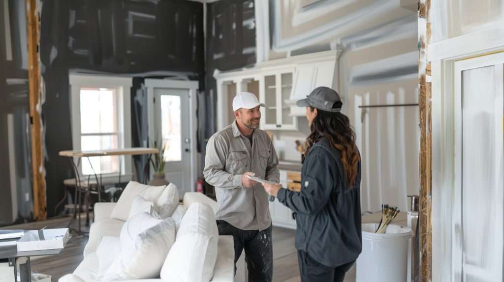 Man and woman discussing home renovation in a partially painted living room with white sofa and kitchen cabinetry.