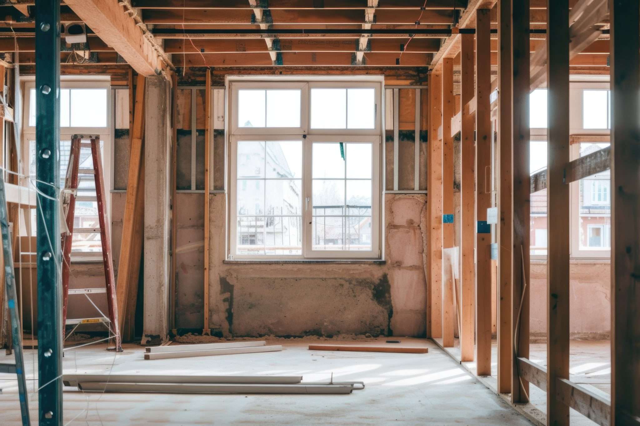 Interior of a modern construction site featuring wooden framing, large windows, and a ladder, illustrating the process of home building and renovation.