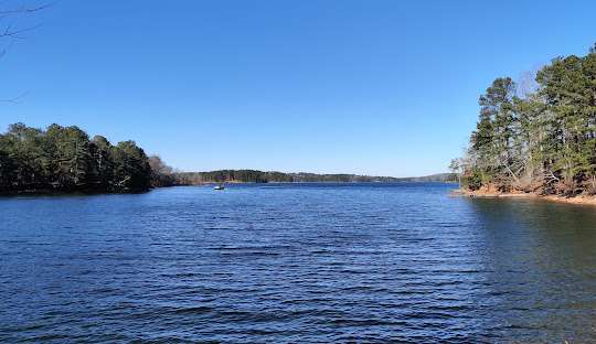 Scenic view of Lake Lanier with calm waters and tree-lined shore, representing the natural beauty surrounding Flowery Branch, GA, where Artisan Roofing & Construction provides quality roofing services.