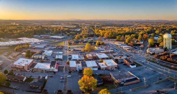 Aerial view of Statham, GA, showcasing a mix of residential and commercial buildings, tree-lined streets, and a water tower, reflecting the community's growth and local charm.