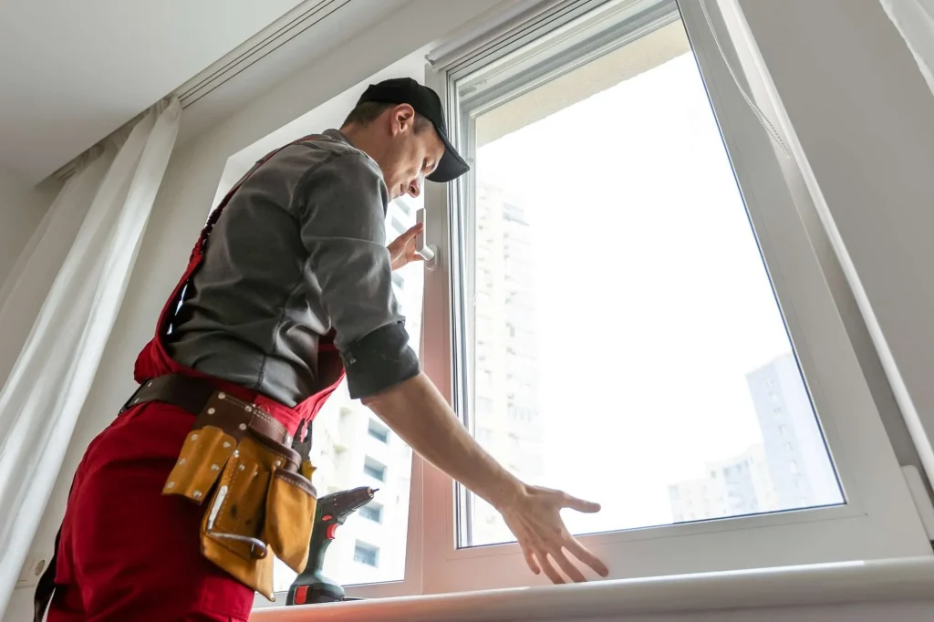 Workman in overalls installing plastic windows in a living room, showcasing expert craftsmanship in home renovation.