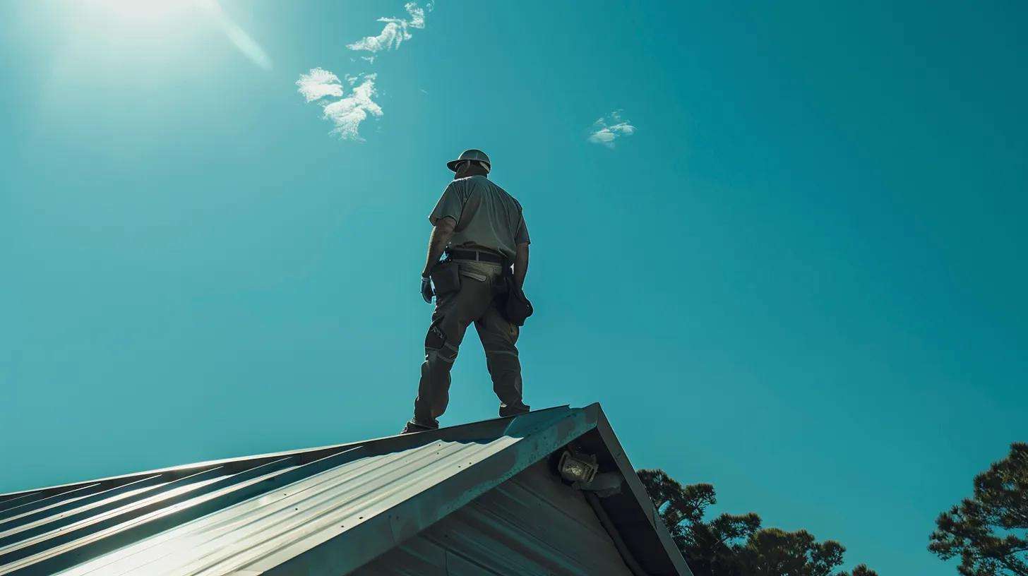 a dynamic scene showcasing a professional roofing contractor in gainesville, confidently inspecting a sleek commercial rooftop under a clear blue sky, emphasizing the precision and expertise involved in roofing services.