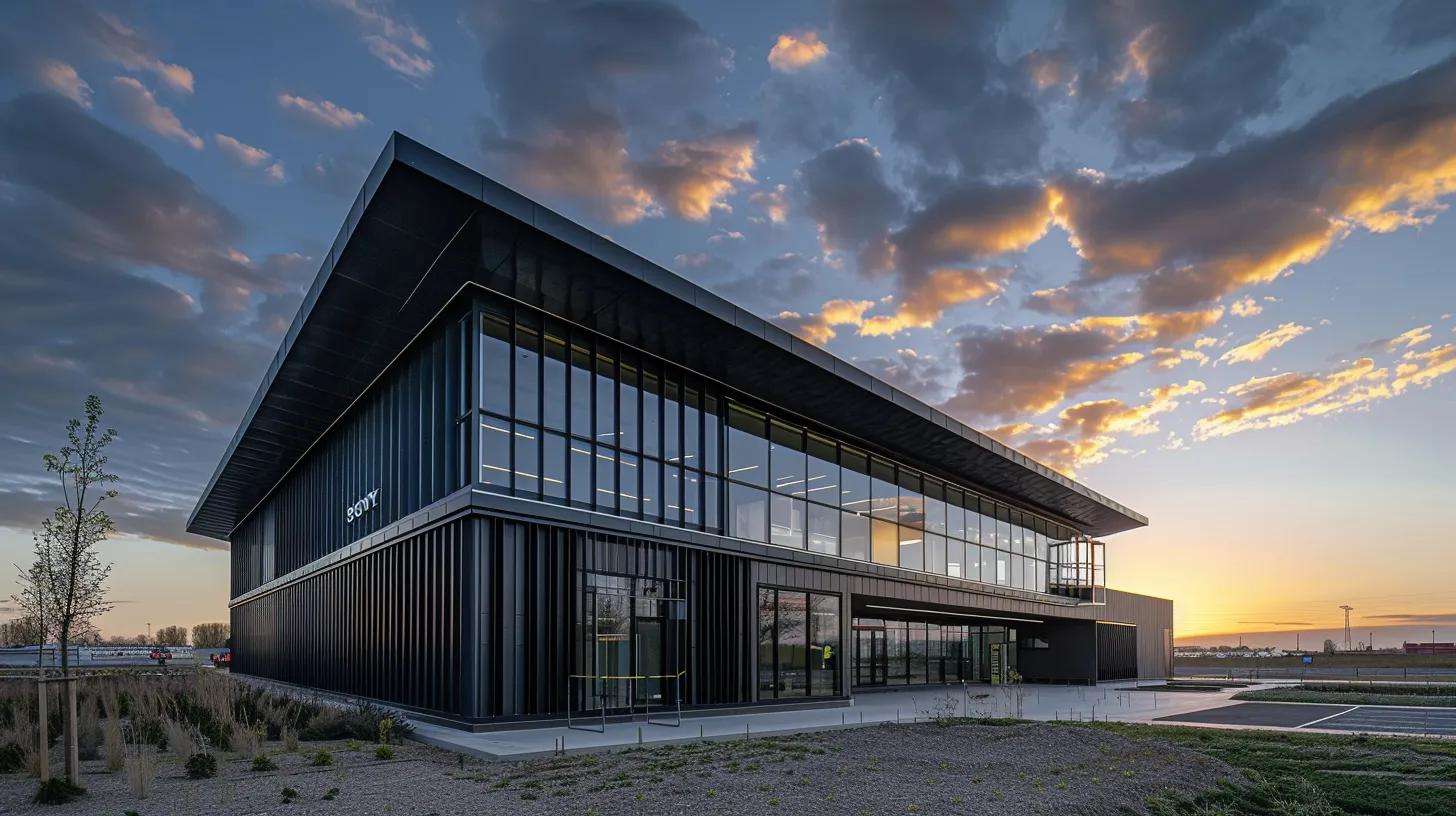 a modern commercial building under dramatic skies, showcasing a partially completed roof with a focus on construction elements, illustrating the rigorous application of local building codes and compliance with weather-related challenges.