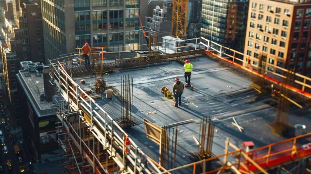 Construction workers on a commercial roofing site, overseeing installation and maintenance, with urban skyline in the background, emphasizing safety and craftsmanship in roofing services.