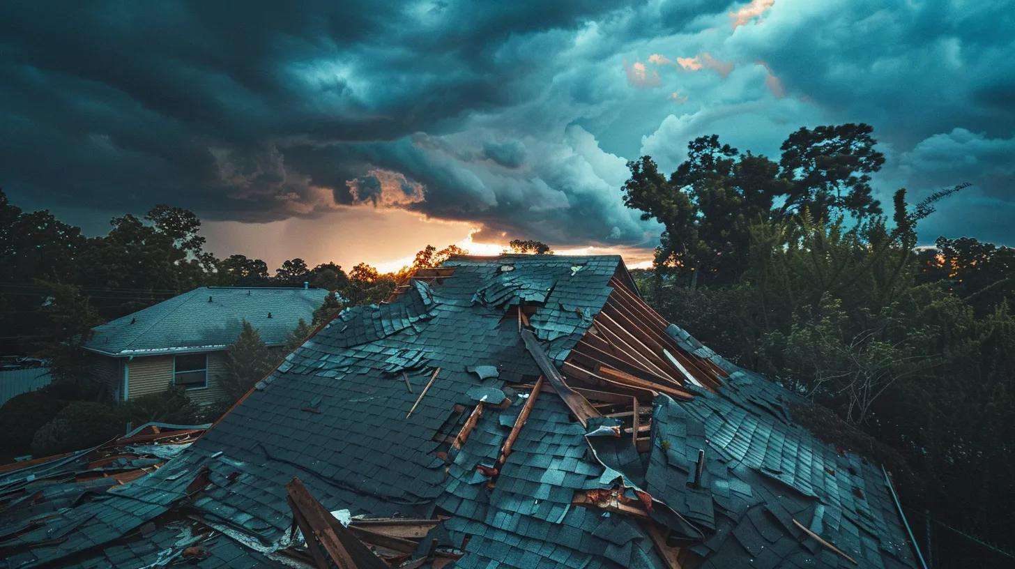 a vividly captured urban scene depicting a damaged roof in gainesville, showcasing broken shingles and debris against a backdrop of ominous storm clouds, emphasizing the urgent need for roof repair.