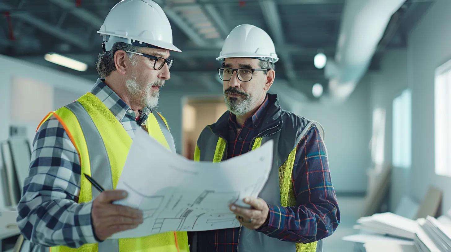 a focused shot of a contractor presenting a detailed roof repair estimate to a homeowner in a modern office setting, illuminated by bright overhead lighting.