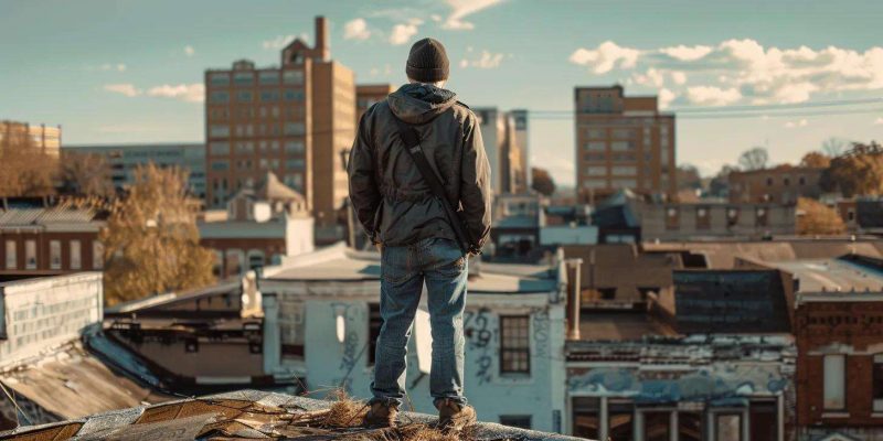a skilled technician meticulously inspects a weathered rooftop in gainesville, ga, amidst a bustling urban backdrop, showcasing the practical aspects of professional roof repair services under crisp artificial lighting.