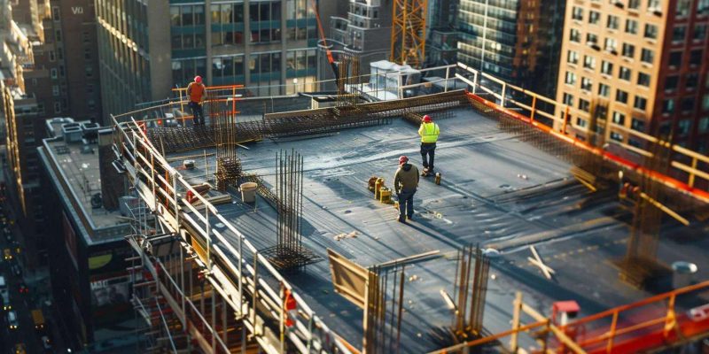 a bustling urban construction site showcases commercial roofing contractors in action, with workers meticulously installing sleek, modern roofing materials on a building against a backdrop of contemporary architecture.